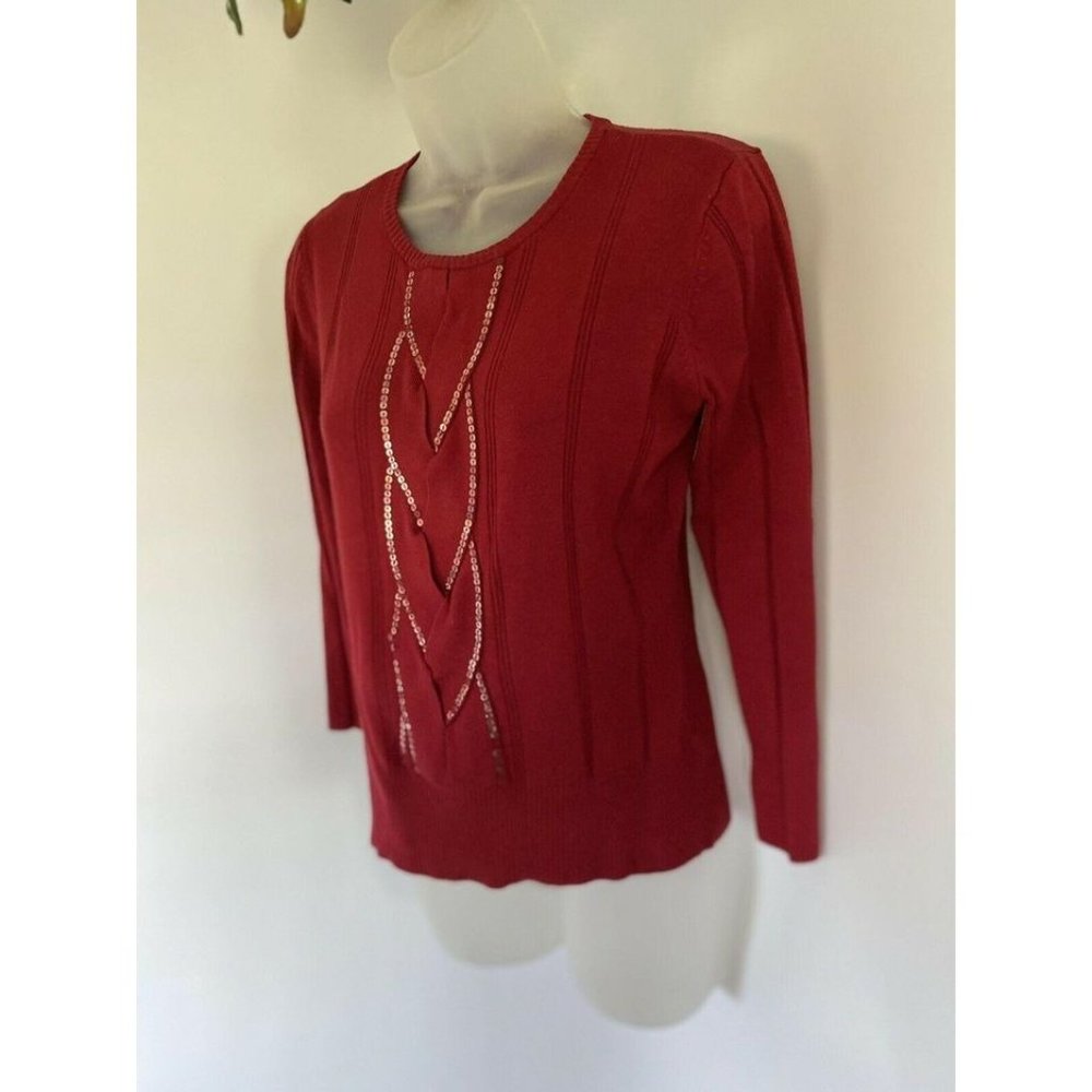 Apostrophe Red Sequined Cable Sweater Size Small - Picture 4 of 10